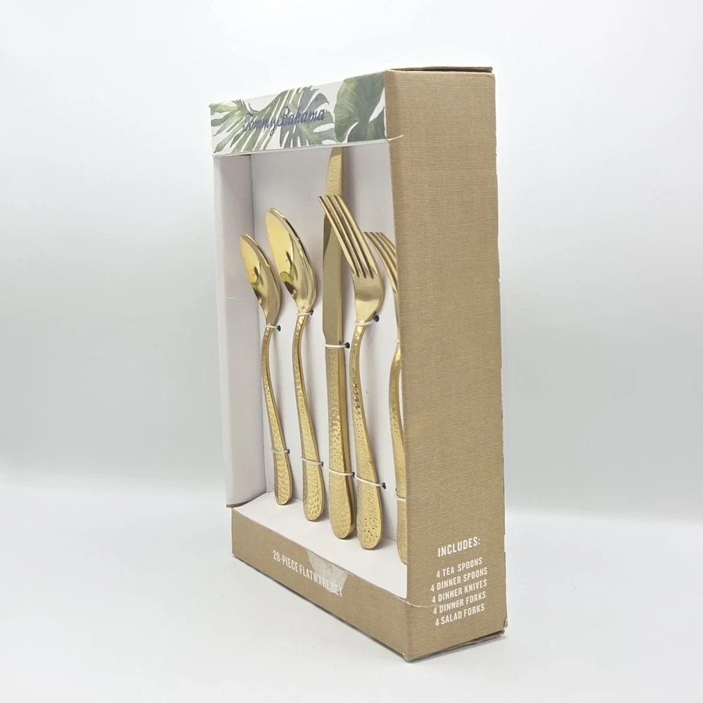 Tommy Bahama 20-Piece Hammered Gold‎ Stainless Steel Flatware Set Made in India